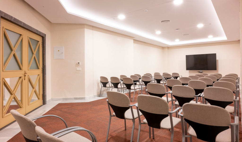 Konferenzraum auf Teneriffa mit Stühlen und großem Bildschirm.