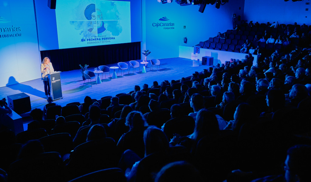 Auditorium auf Teneriffa mit einer Präsentation über Parkinson und Stigma.