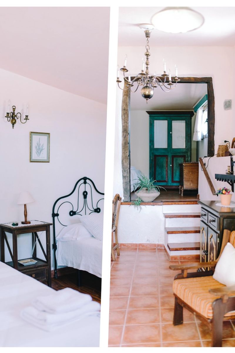 Schlafzimmer und Wohnzimmer mit antiken Möbeln in einem Haus in Teneriffa.