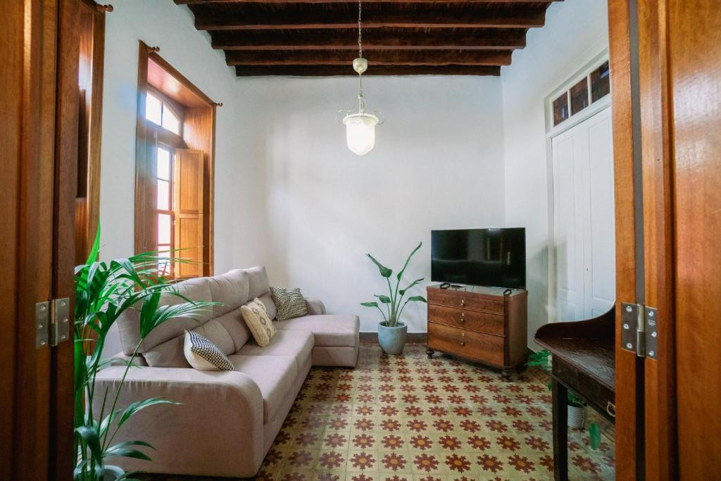 Wohnzimmer in Tenerife mit Sofa, Fernseher, Pflanzen und Holzmöbeln.