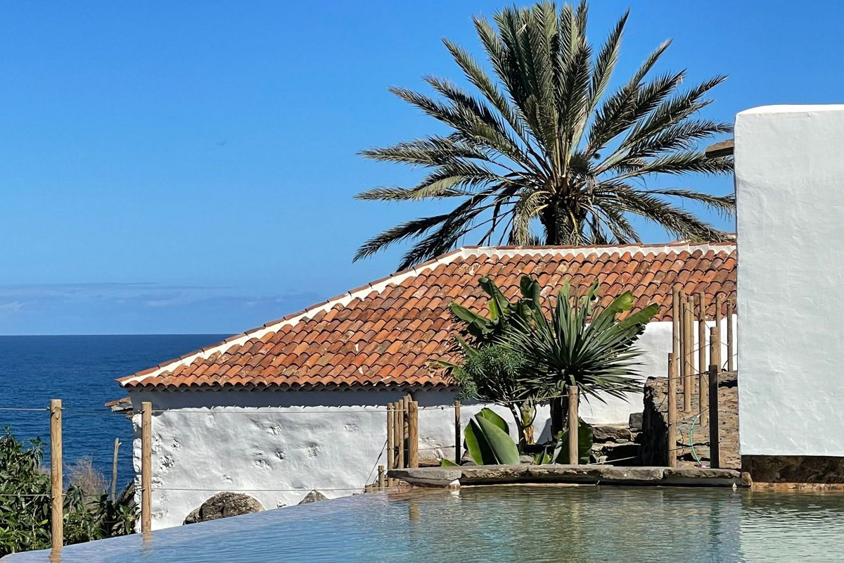 Kanarisches Hausdach und Palme mit Blick auf das Meer in Puerto de la Cruz.