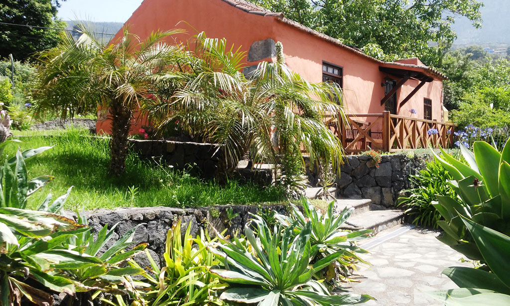 Rotes Haus mit Garten und Palmen in Los Realejos, Teneriffa.