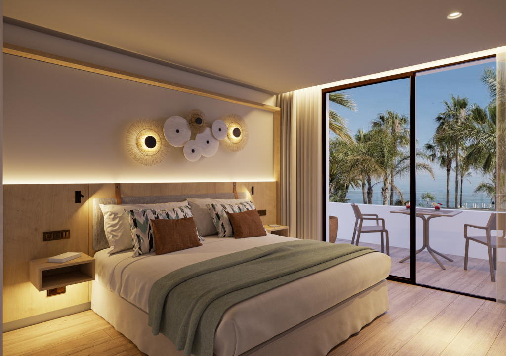 Moderne Schlafzimmereinrichtung mit Meeresblick und Palmen in Teneriffa.