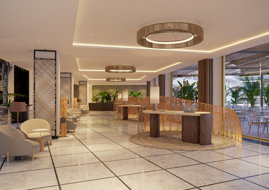 Moderne Hotel-Lobby in Teneriffa mit Pflanzen und eleganten Möbeln.