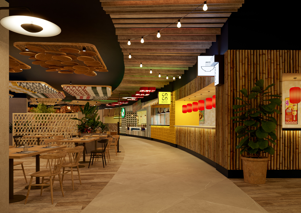 Restaurante asiático en Tenerife, con mesas, sillas y decoración de bambú. COCO RICO letrero.