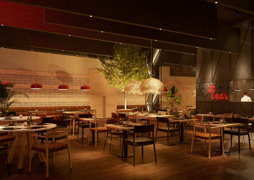 Innenraum eines Restaurants in Santa Cruz de Tenerife mit Sitzplätzen und Dekorationen.