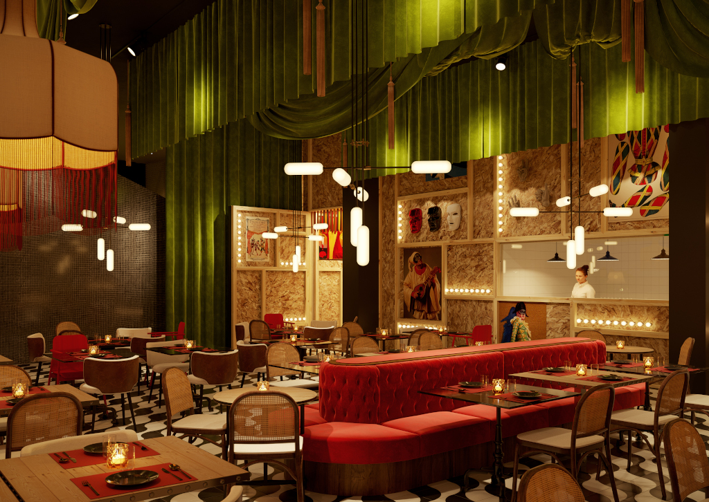 Restaurant mit rotem Sofa und grünen Vorhängen in Santa Cruz de Tenerife.