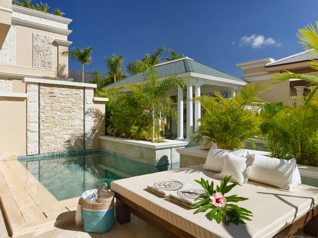 Luxuriöser Pool und Liege umgeben von Palmen in einer Villa in Tenerife.