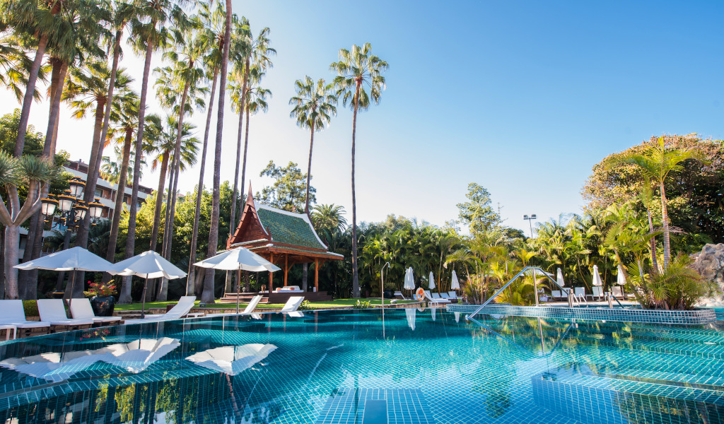 Swimmingpool und Pavillon umgeben von Palmen in Tenerife.