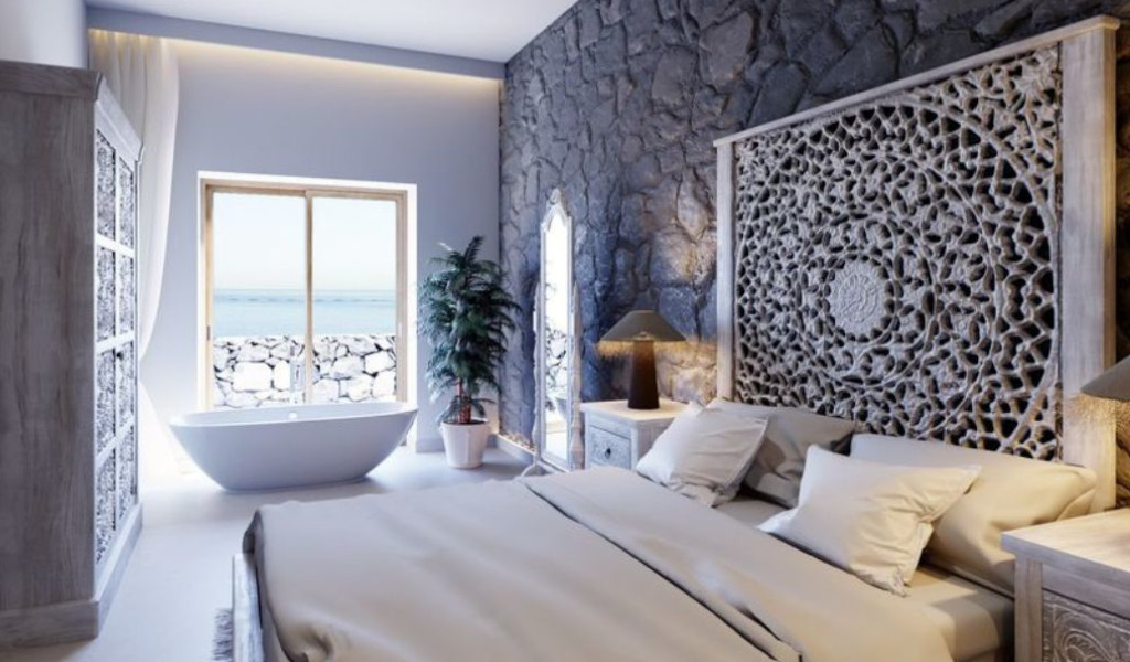 Modernes Schlafzimmer mit großer Fensterfront, Blick auf das Meer, Teneriffa.