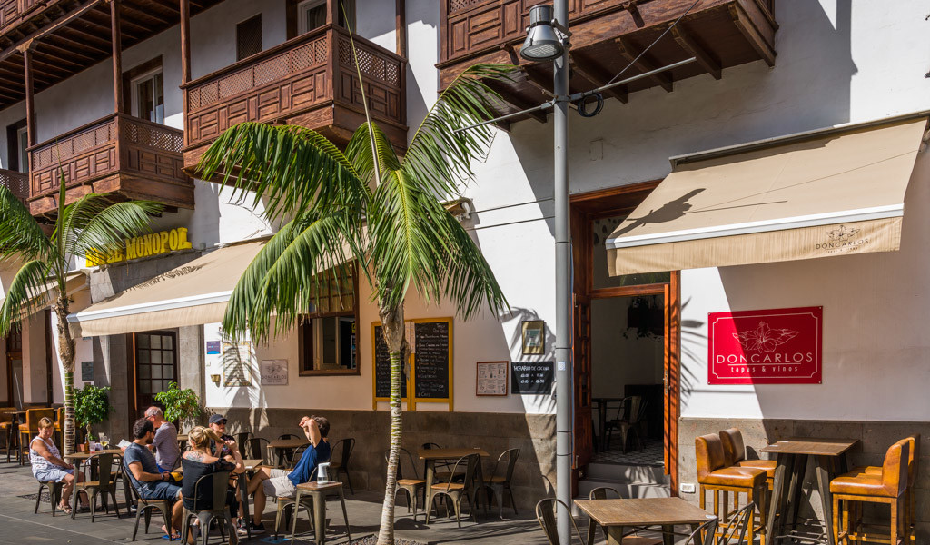 Personen essen draußen im Don Carlos Tapas & Vinos unter Palmen in Puerto de la Cruz.