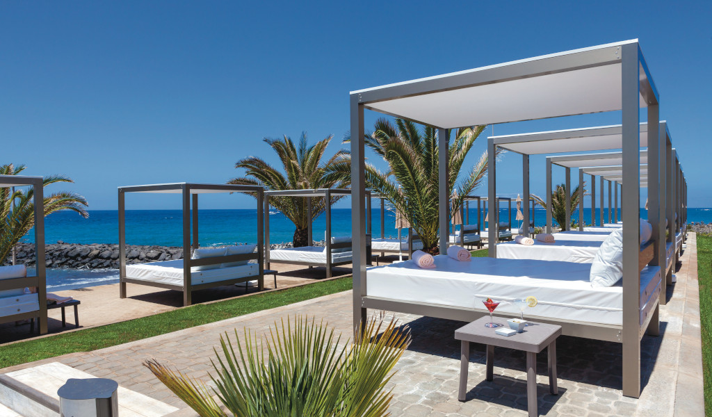 Sonnenliegen mit Meerblick und Palmen am Strand von Tenerife.