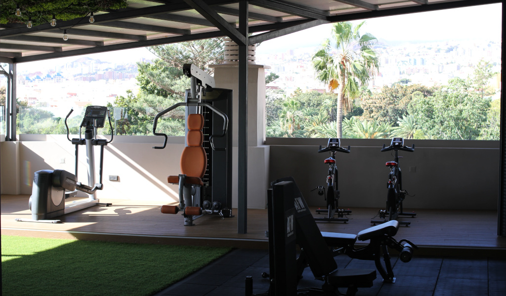 Fitnessraum mit Geräten und Blick auf Garten in Santa Cruz de Tenerife.