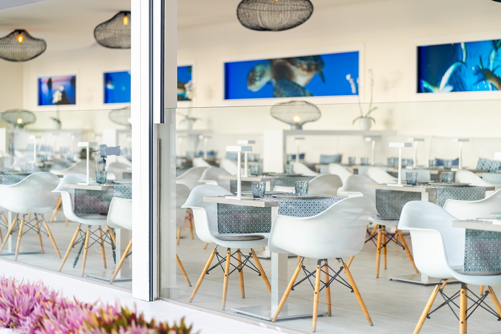 Geräumiges Restaurant in Adeje, mit modernen weißen Stühlen und blauer Dekoration.