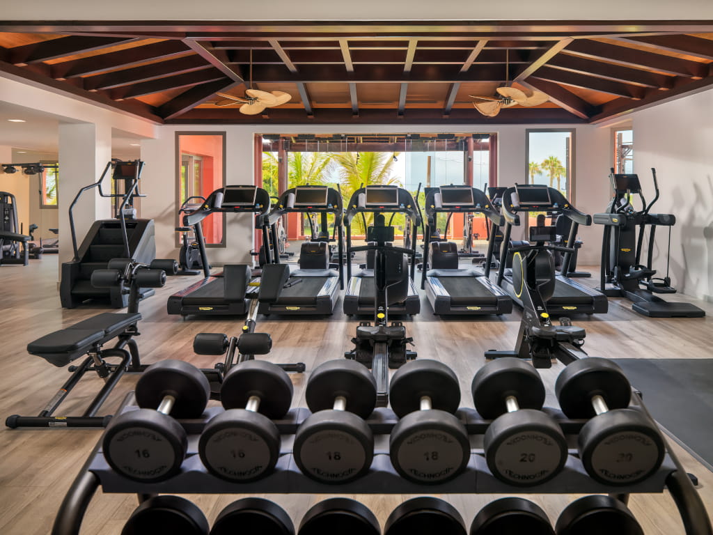 Fitnessstudio auf Teneriffa mit Laufbändern und Hanteln im Vordergrund.