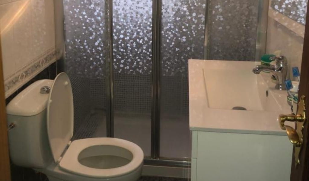 Toilette mit Dusche, Waschbecken und WC im Badezimmer in Tenerife.