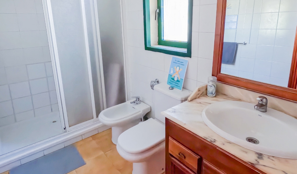 Badezimmer mit Dusche, Waschbecken, Bidet und Fenster in Teneriffa.