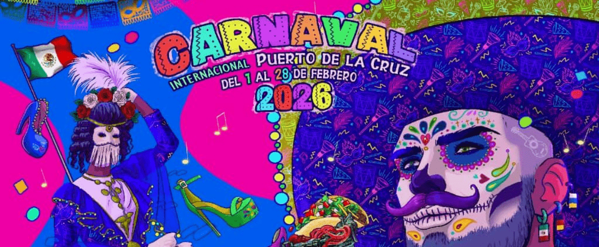 Karneval in Puerto de la Cruz 2026, maskierte Personen und bunte Dekorationen.