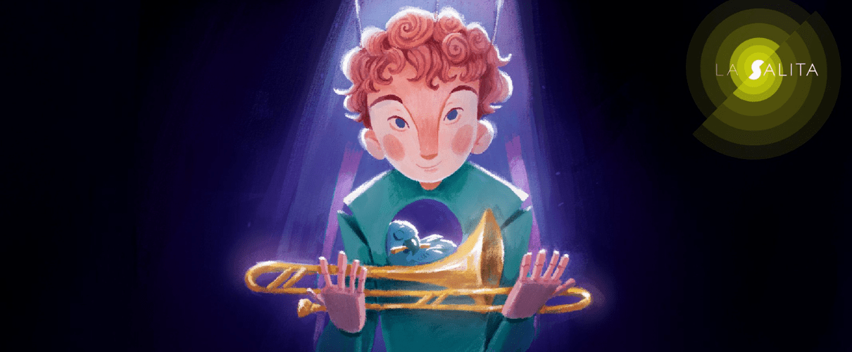 Menschliche Figur hält Posaune mit Vogel, Text: LA SALITA.