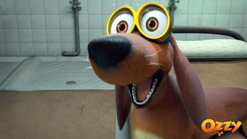 Animierter Hund mit Brille in einem Raum. Text: Ozzy.