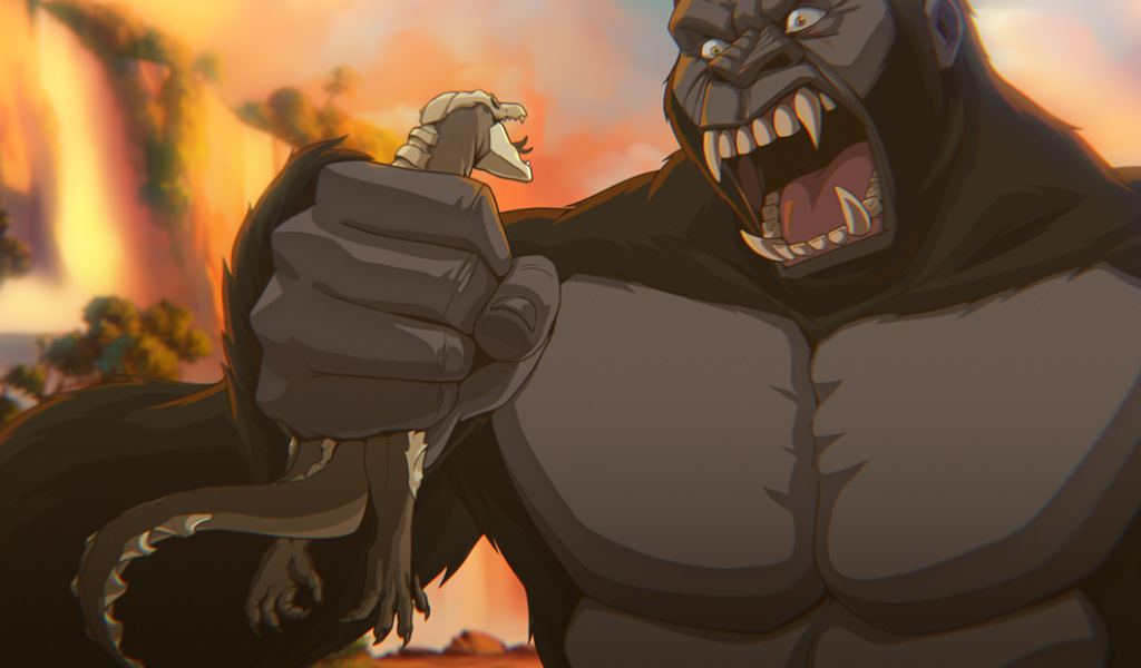 Riesiger Gorilla, der einen Dinosaurier hält und in tropischer Umgebung wild brüllt.