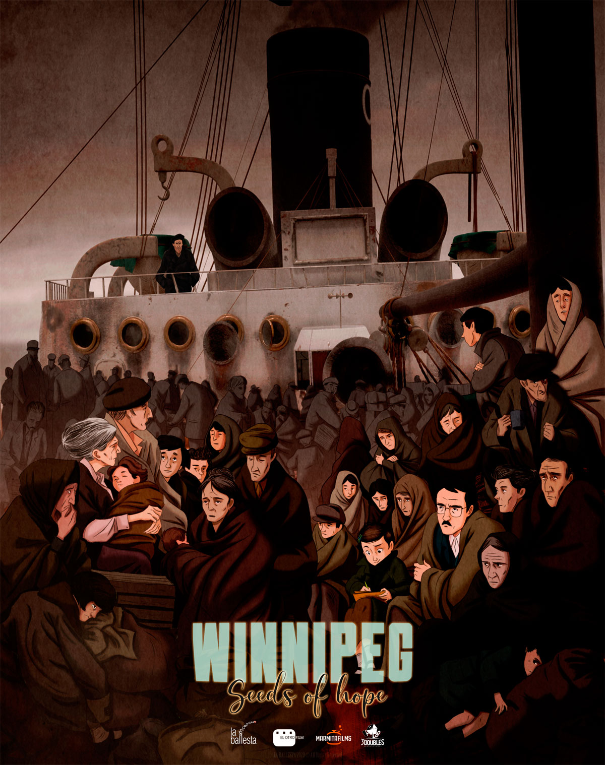 Flüchtlinge auf einem Boot während einer Reise, Text: WINNIPEG Seeds of Hope.