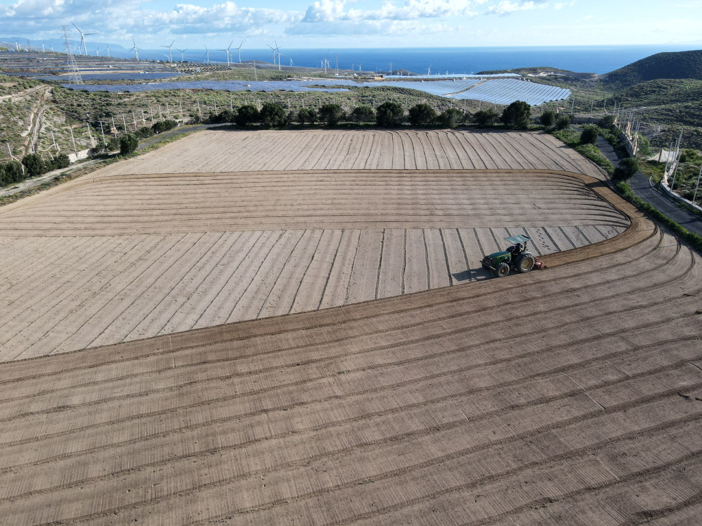 Pflügtes Feld mit Traktor im Hintergrund, Windmühlen und Meer auf Teneriffa.