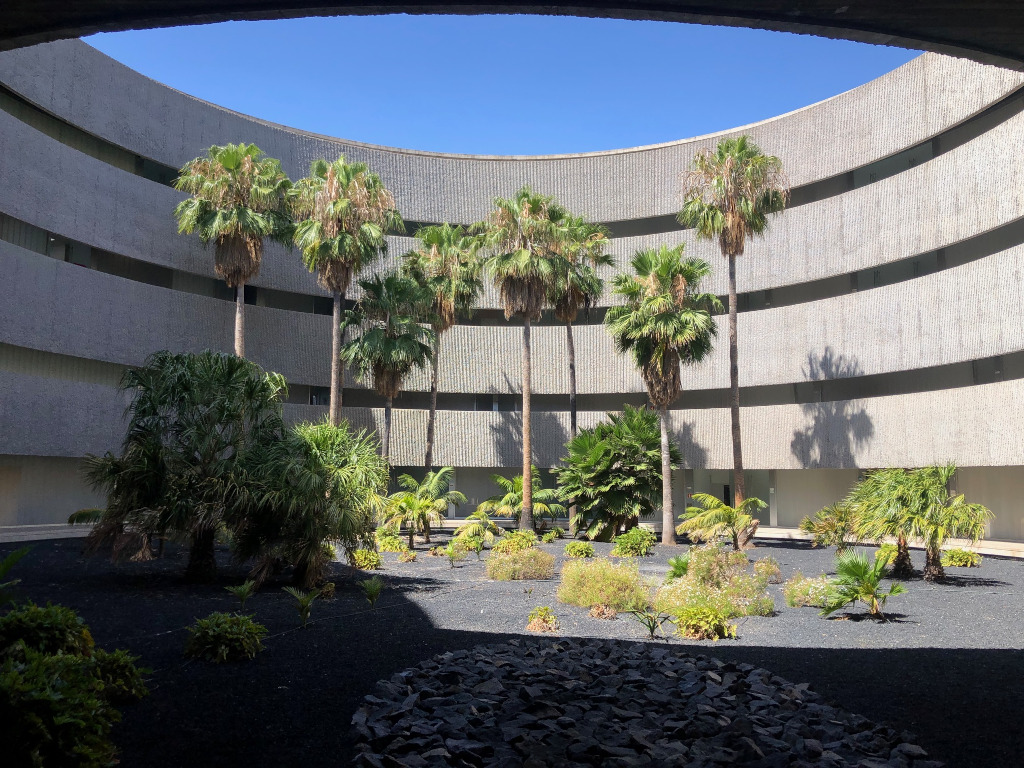 Patio mit Palmen in einem Gebäude in Santa Cruz de Tenerife.