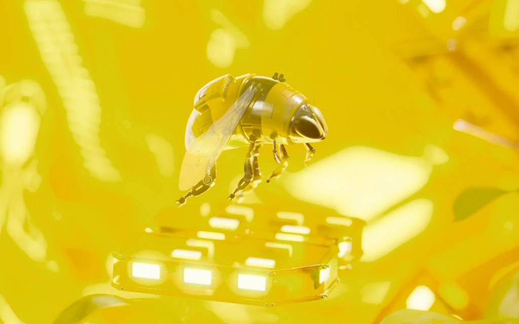 Roboterbiene, die in einer gelben digitalen Umgebung auf Teneriffa fliegt.