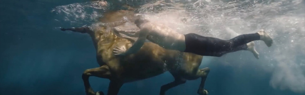 Person, die neben einem Pferd auf Teneriffa unter Wasser schwimmt.