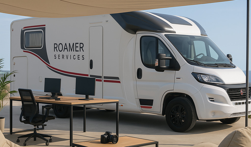 White Caravan von Roamer Services neben einem Außenbüro mit zwei Schreibtischen.