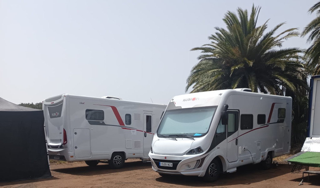 Wohnmobile unter Palmen auf Teneriffa geparkt.