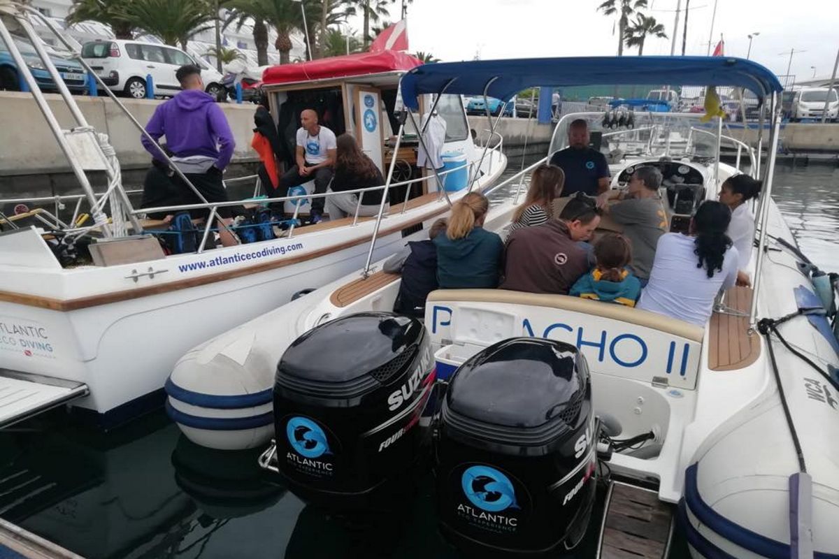 Eine Gruppe von Menschen auf einem Touristenboot auf Teneriffa, mit Suzuki-Motoren und dem Atlantic Eco Diving-Logo.