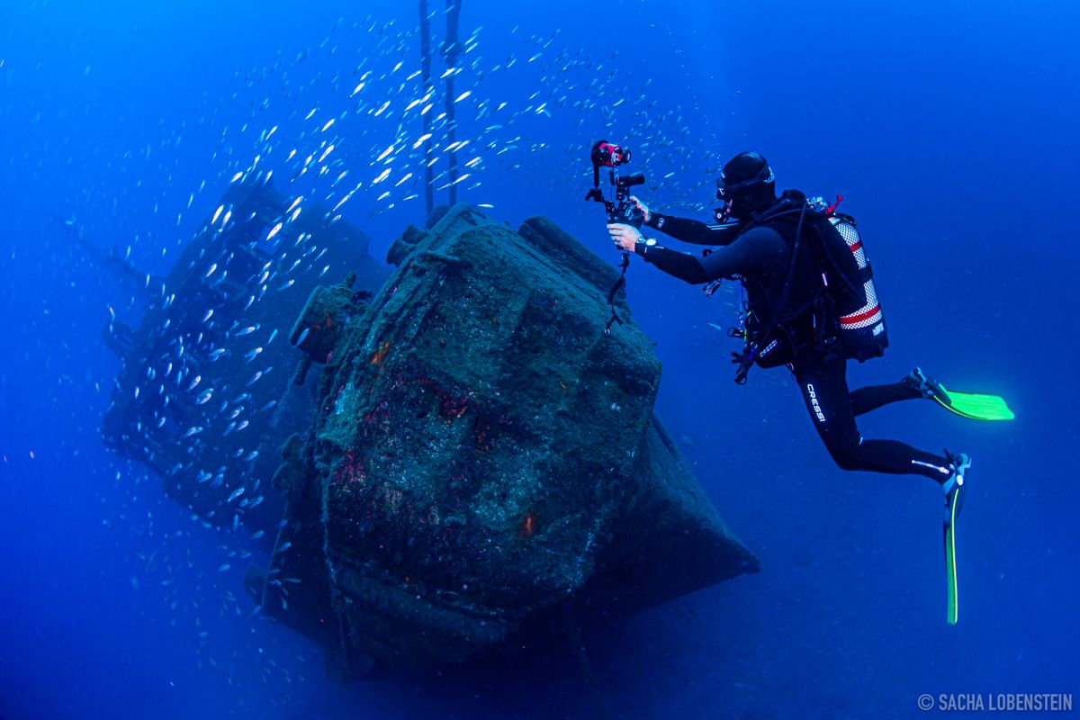 Taucher erkundet ein Schiffswrack, umgeben von Fischen in den Gewässern von Teneriffa.