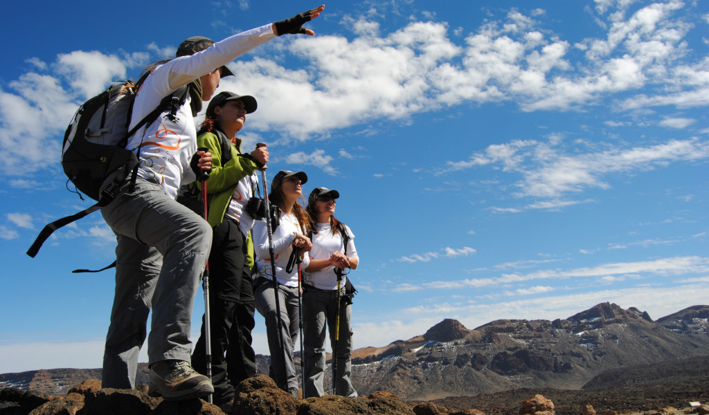 Gruppe von Wanderern im Nationalpark Teide, Teneriffa, mit Bergen im Hintergrund.