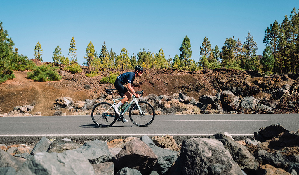 Radfahrer auf Straßen, umgeben von Bäumen und Felsen auf Teneriffa.
