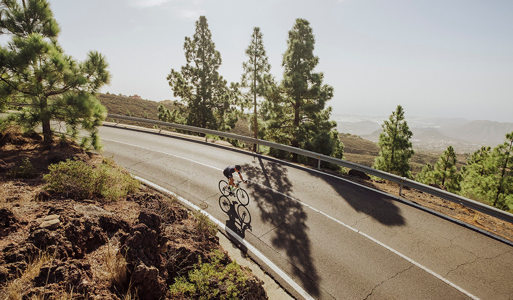 Radfahrer, der auf Teneriffa zwischen Kiefern und bergiger Landschaft hinabfährt.