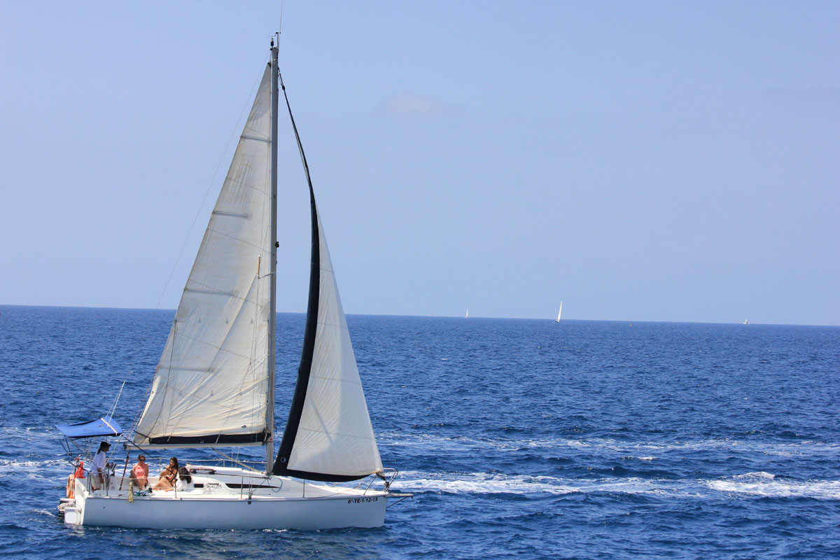 Segelboot segelt durch die Gewässer von Teneriffa bei klarem Himmel.