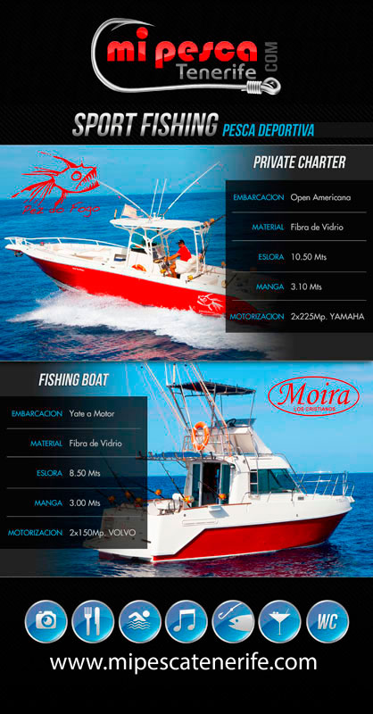 Sportfischerboot auf Teneriffa mit Details zu technischen Spezifikationen.
