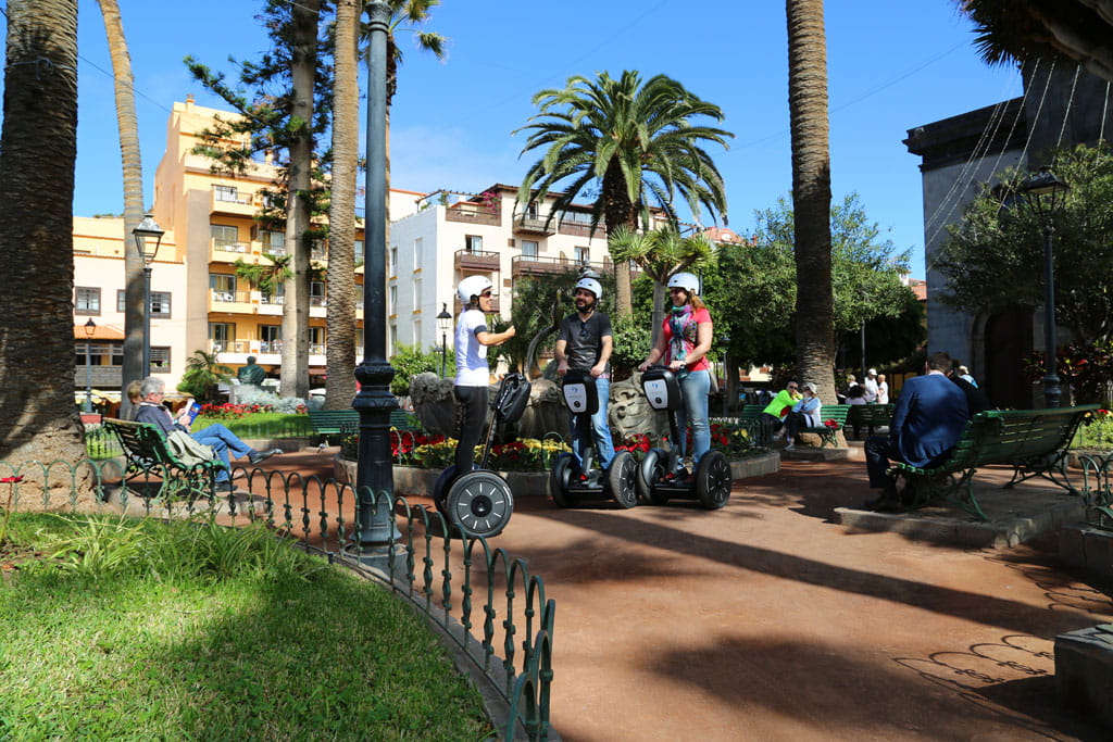 Menschen auf Segways fahren durch einen Park mit Palmen in La Laguna, Teneriffa.