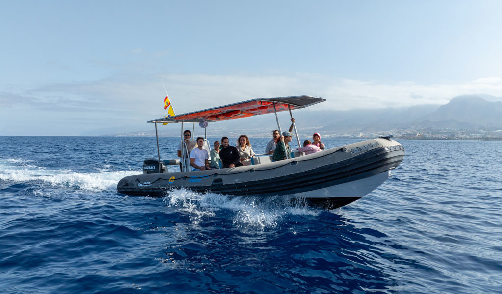 Eine Gruppe von Menschen auf einem Schlauchboot, die in der Nähe der Küste von Teneriffa segelt.