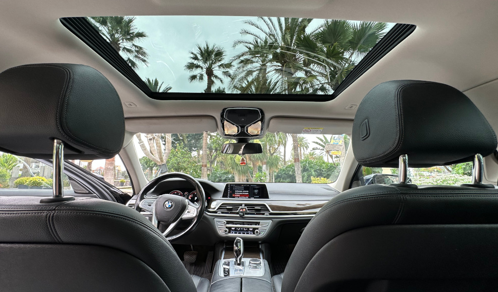 Innenraum eines Autos mit Panoramadach, außen sind Teneriffa-Palmen sichtbar.