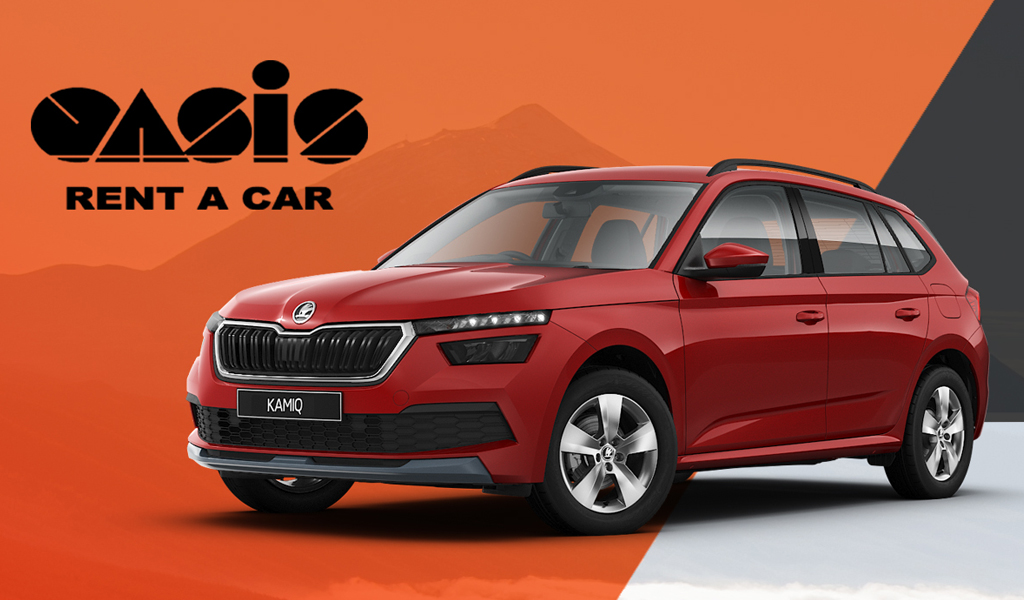 Roter Skoda Kamiq mit Oasis Rent a Car Logo, Teneriffa.