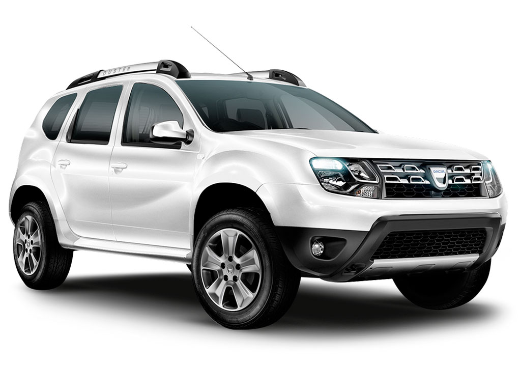 Weißer Dacia-SUV mit Frontprofil zu sehen.