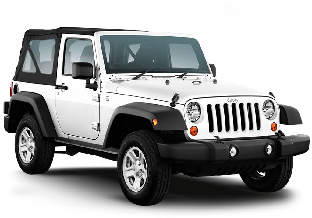 Geparkter weißer Jeep Wrangler mit abnehmbarem Dach.