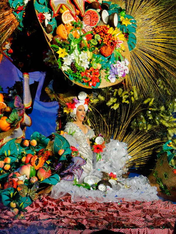Lächelnde Person in bunten Obst- und Blumenkostümen, die am Karneval von Teneriffa teilnimmt.