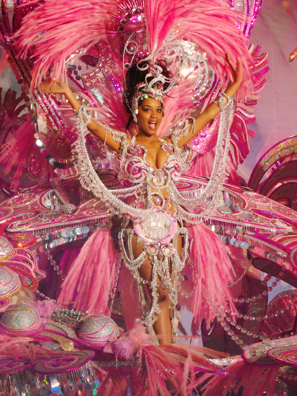 Person in rosa Kostüm und Federn beim Karneval von Santa Cruz de Tenerife.