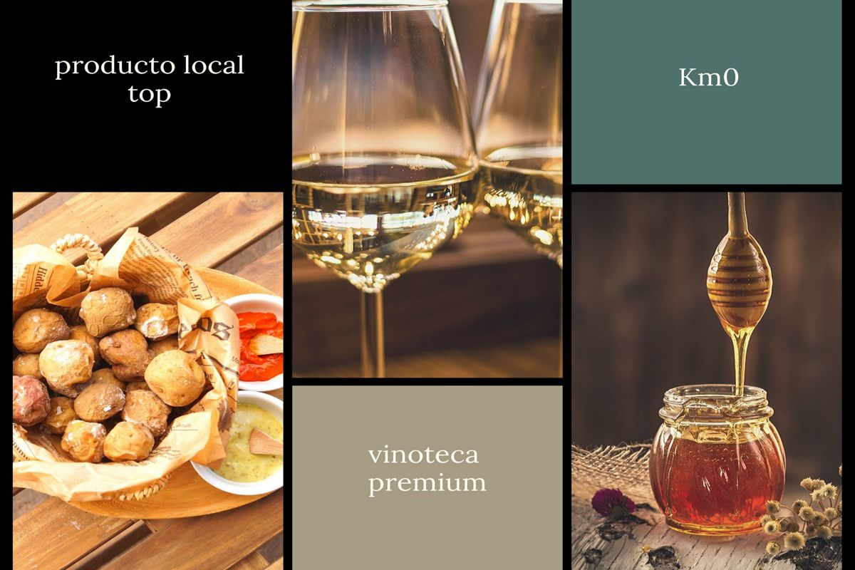 Lokales Km0-Produkt auf Teneriffa: zerknitterte Kartoffeln, Gläser Wein und ein Glas Honig.