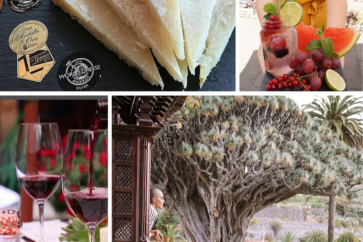 Preisgekrönter Käse, Fruchtgetränk, Gläser Wein und Drachenbaum in Icod de los Vinos, Teneriffa.