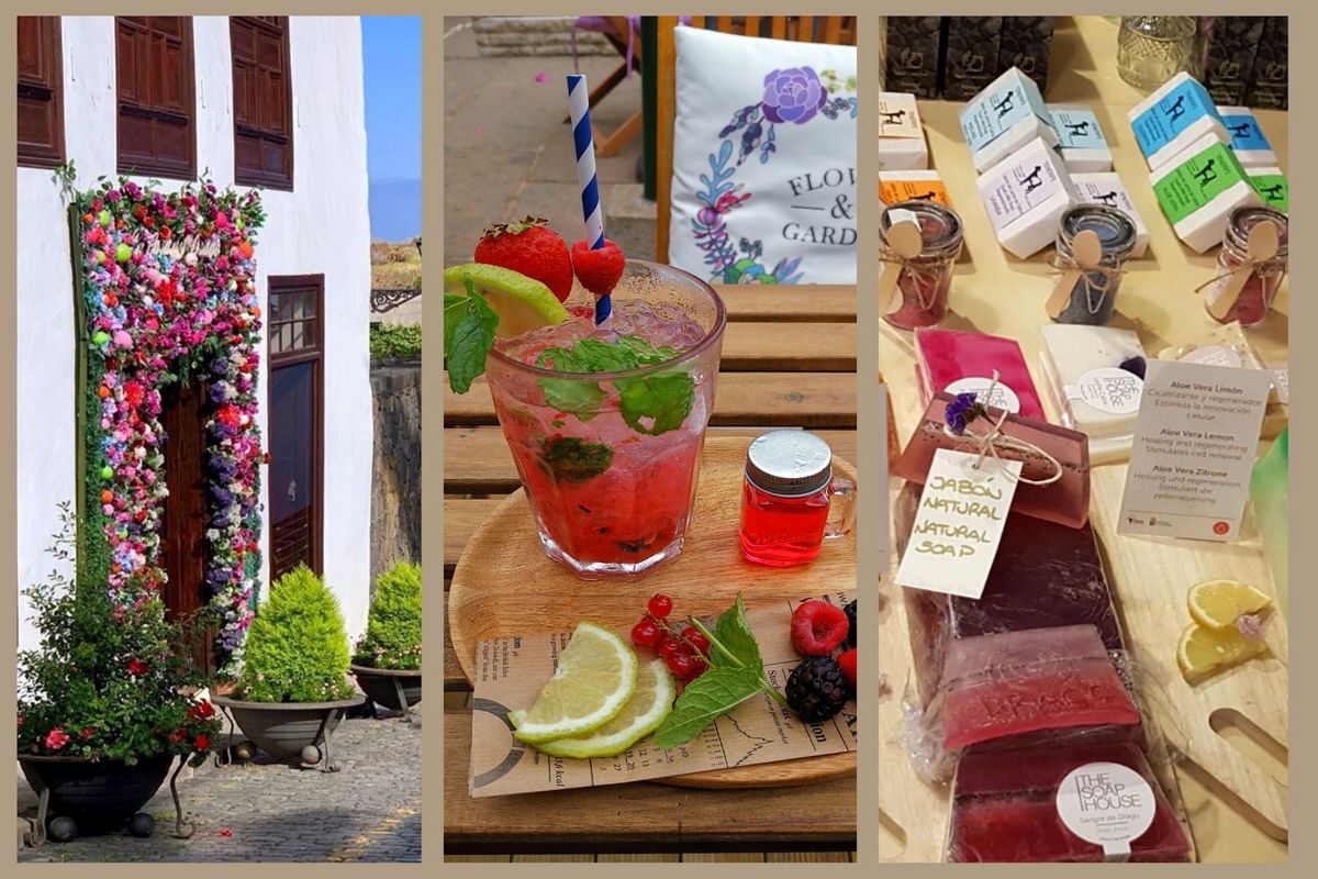 Blumenfassade, Cocktail mit Früchten und handwerklichen Seifen in La Orotava, Teneriffa.